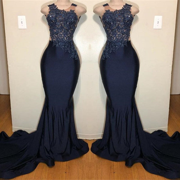 Dark Blue Mermaid Prom Dress UK with Sleeveless Appliques-ballbellauk