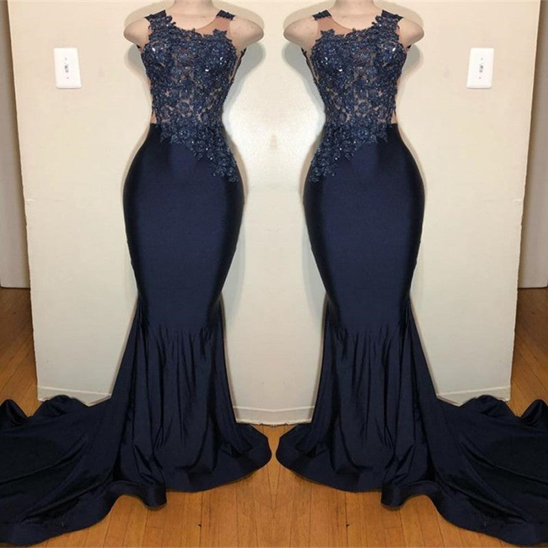 Dark Blue Mermaid Prom Dress UK with Sleeveless Appliques-ballbellauk