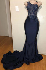 Dark Blue Mermaid Prom Dress UK with Sleeveless Appliques-ballbellauk