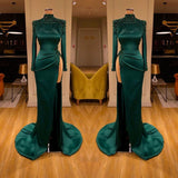 Dark Green Beadings Pearl Ball Dresses Mermaid Prom Dress Split Long Sleeves-ballbellauk