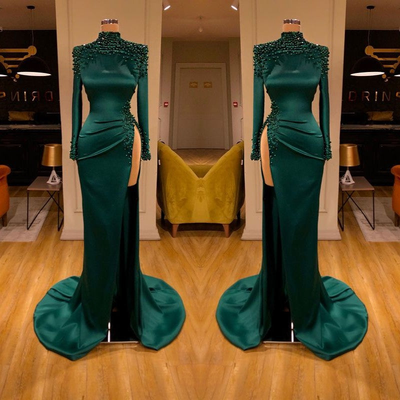 Dark Green Beadings Pearl Ball Dresses Mermaid Prom Dress Split Long Sleeves-ballbellauk