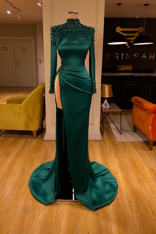 Dark Green Beadings Pearl Ball Dresses Mermaid Prom Dress Split Long Sleeves-ballbellauk