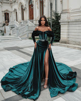 Dark Green Classic Long Slit Evening Dress With Belts-ballbellauk