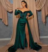 Dark Green Front Split Mermaid Sweetheart Prom Dress UK With Belts and Long Sleeves-ballbellauk