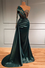 Dark Green Long Lace Sleeved Beaded Mermaid Evening Dress With Appliques-ballbellauk