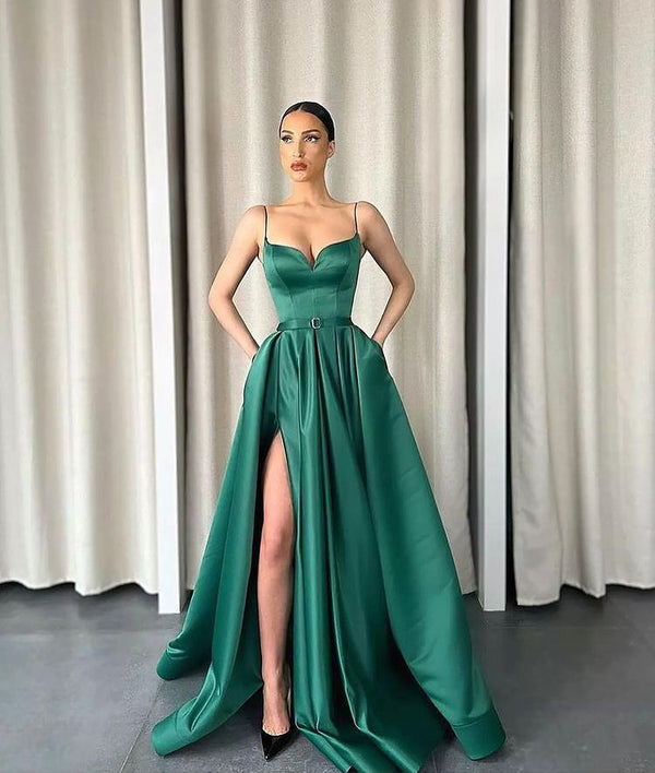 Dark Green Long Prom Dress UK with Spaghetti-Straps and A-Line V-Neck Split-ballbellauk