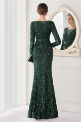 Dark Green Long Sleeves Evening Dress with Sequins and V-Neck Front Split-ballbellauk