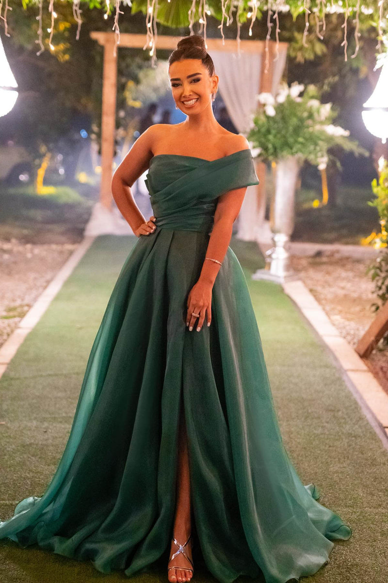 Dark Green Mermaid Evening Dress with Bowknot Strapless and One Shoulder Front Split-ballbellauk