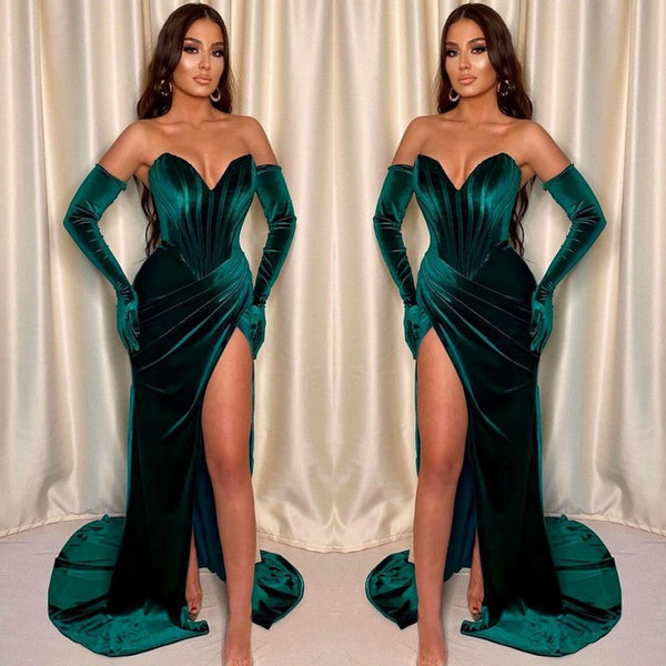 Dark Green Mermaid Evening Dress with Front Split and Gloves-ballbellauk