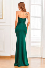 Dark Green Mermaid Evening Dress With Front Split, Sleeveless Buttons-ballbellauk