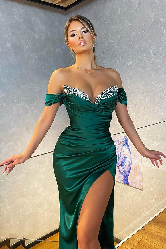 Dark Green Mermaid Prom Dress UK with Off-the-Shoulder Split-ballbellauk