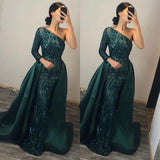 Dark Green Mermaid Prom Dress UK with Sequins and One Shoulder Long Sleeve Overskirt-ballbellauk