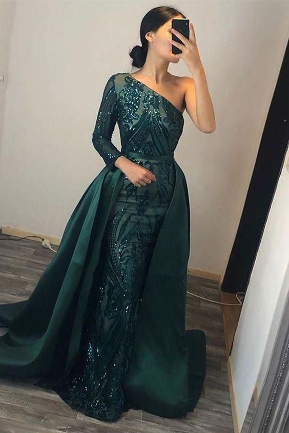 Dark Green Mermaid Prom Dress UK with Sequins and One Shoulder Long Sleeve Overskirt-ballbellauk