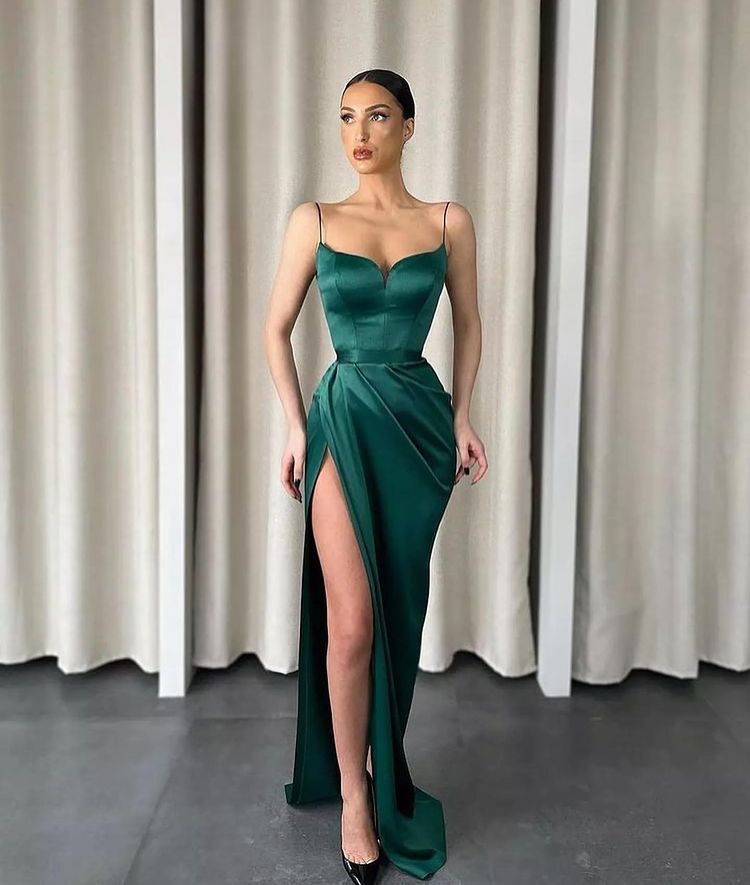 Dark Green Mermaid Sweetheart Prom Dress UK With Split and Spaghetti Straps-ballbellauk