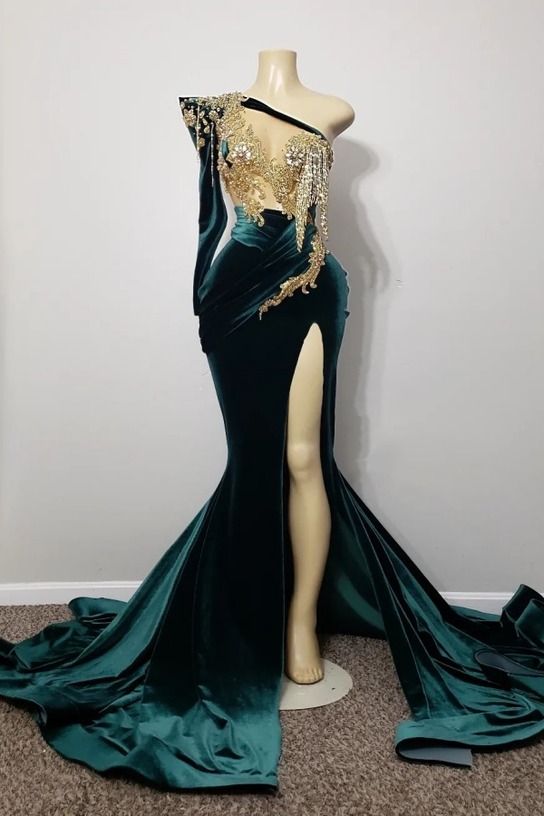 Dark Green One Shoulder Long Sleeve Dress with Mermaid Beades and Slit-ballbellauk