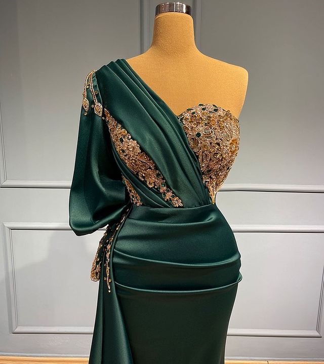 Dark Green One-Shoulder Mermaid Prom Dress UK With Beads & Appliques-ballbellauk