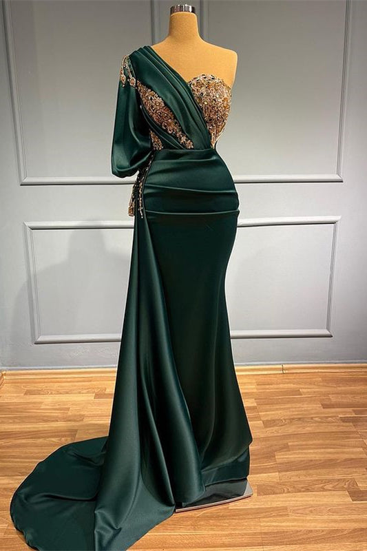 Dark Green One-Shoulder Mermaid Prom Dress UK With Beads & Appliques-ballbellauk