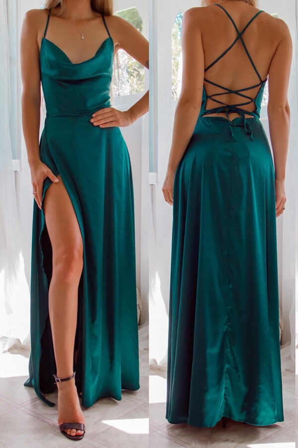 Dark Green Strapless Evening Dress with Spaghetti-Straps & Front Split Online-ballbellauk