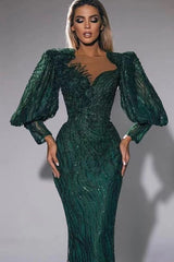 Dark Green Sweetheart Long Sleeves Mermaid Evening Dress with Sequins-ballbellauk