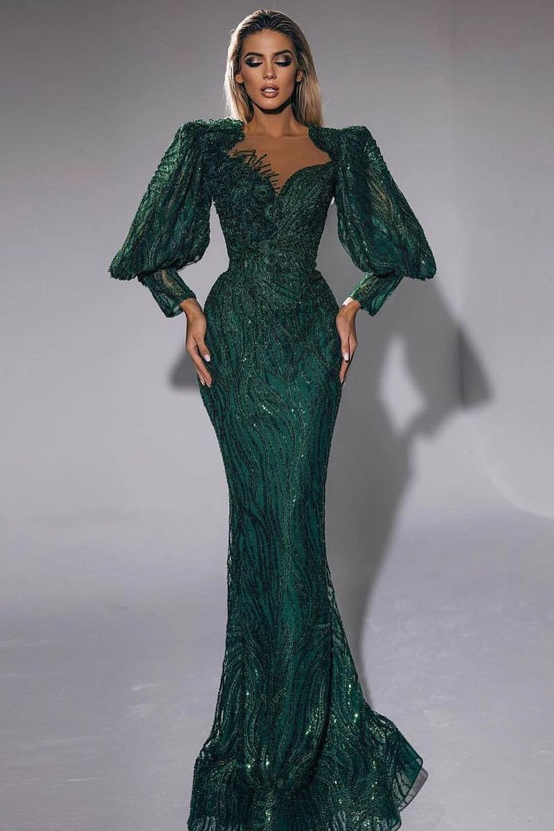 Dark Green Sweetheart Long Sleeves Mermaid Evening Dress with Sequins-ballbellauk