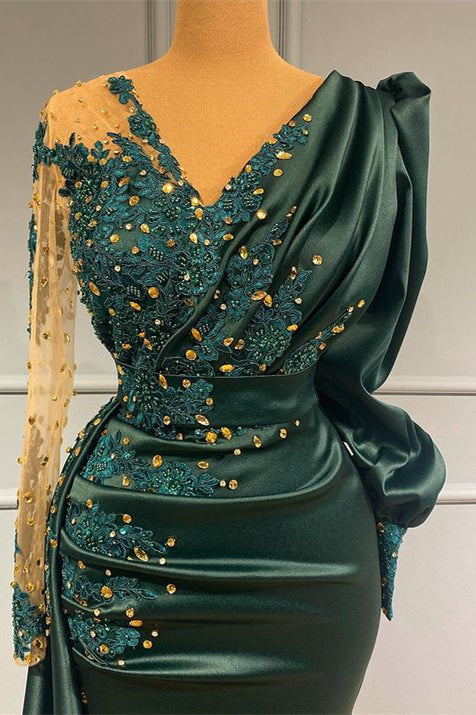 Dark Green V-Neck Evening Dress with Beadings & Lace Appliques-ballbellauk