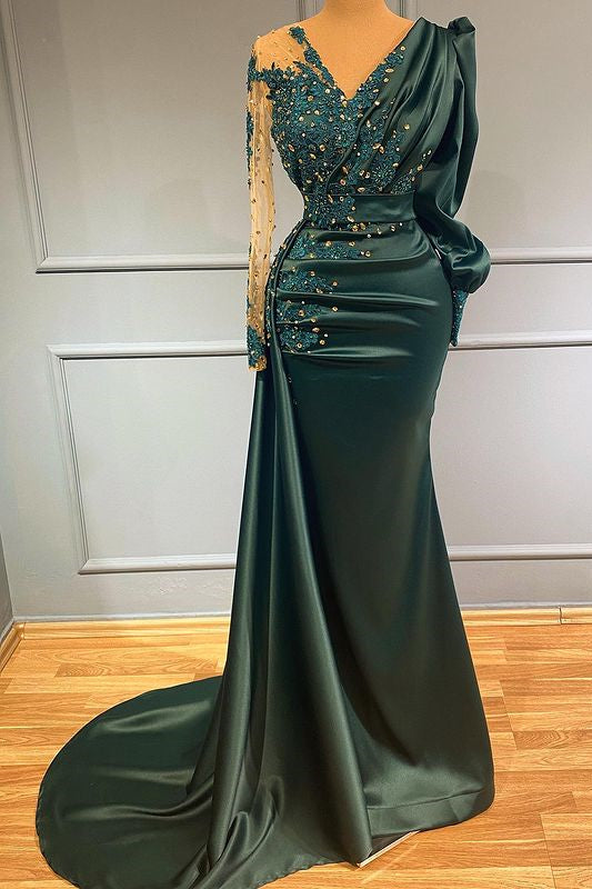 Dark Green V-Neck Evening Dress with Beadings & Lace Appliques-ballbellauk