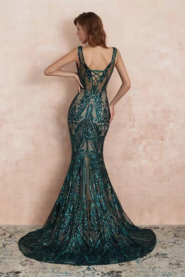 Dark Green V-Neck Evening Dress with Sequins - Mermaid Style-ballbellauk