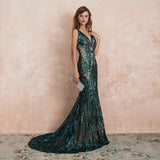 Dark Green V-Neck Evening Dress with Sequins - Mermaid Style-ballbellauk