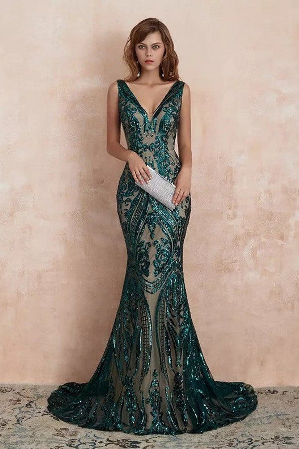 Dark Green V-Neck Evening Dress with Sequins - Mermaid Style-ballbellauk