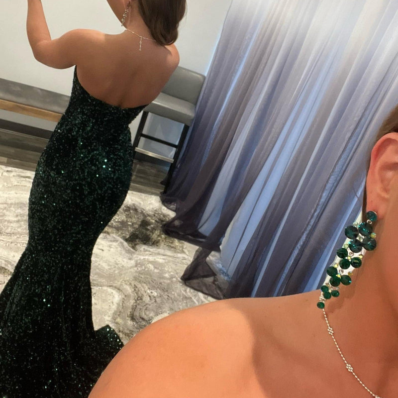 Dark Green V-Neck Long Mermaid Prom Dress UK with Sequins-ballbellauk