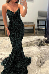 Dark Green V-Neck Long Mermaid Prom Dress UK with Sequins-ballbellauk