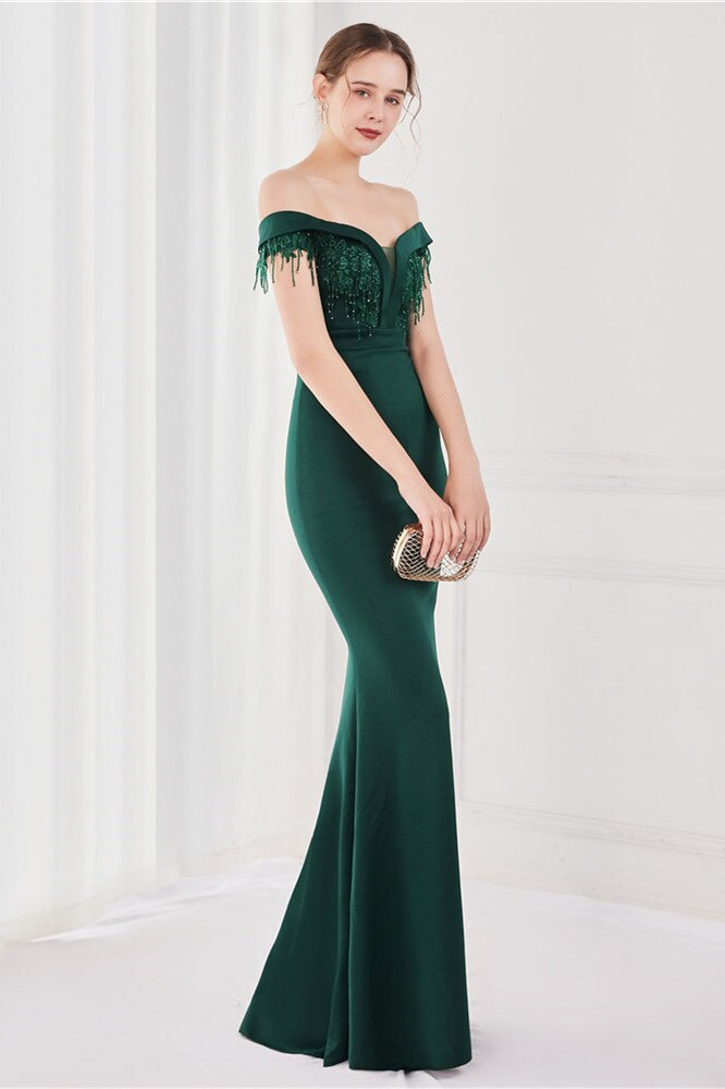 Dark Green V-Neck Mermaid Evening Dress with Appliques and Tassel-ballbellauk