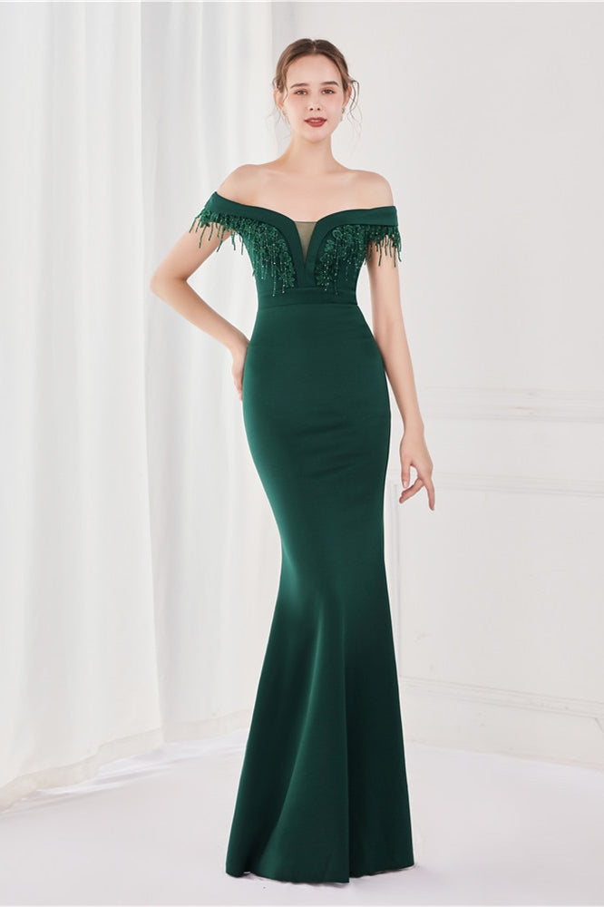 Dark Green V-Neck Mermaid Evening Dress with Appliques and Tassel-ballbellauk