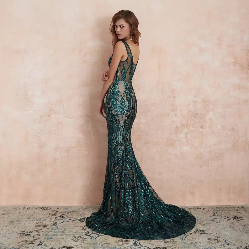 Dark Green V-Neck Sleeveless Evening Dress Mermaid with Sequins-ballbellauk