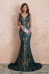 Dark Green V-Neck Sleeveless Evening Dress Mermaid with Sequins-ballbellauk