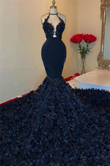 Dark Navy Halter V-Neck Mermaid Prom Dress UK With Applique-ballbellauk