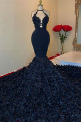 Dark Navy Halter V-Neck Mermaid Prom Dress UK With Applique-ballbellauk