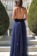 Dark Navy Sequins Prom Dress UK with Spaghetti-Straps-ballbellauk