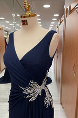 Dark Navy Straps V-Neck Pleated Prom Dress UK With Rhinestone - Amazing Look!-ballbellauk