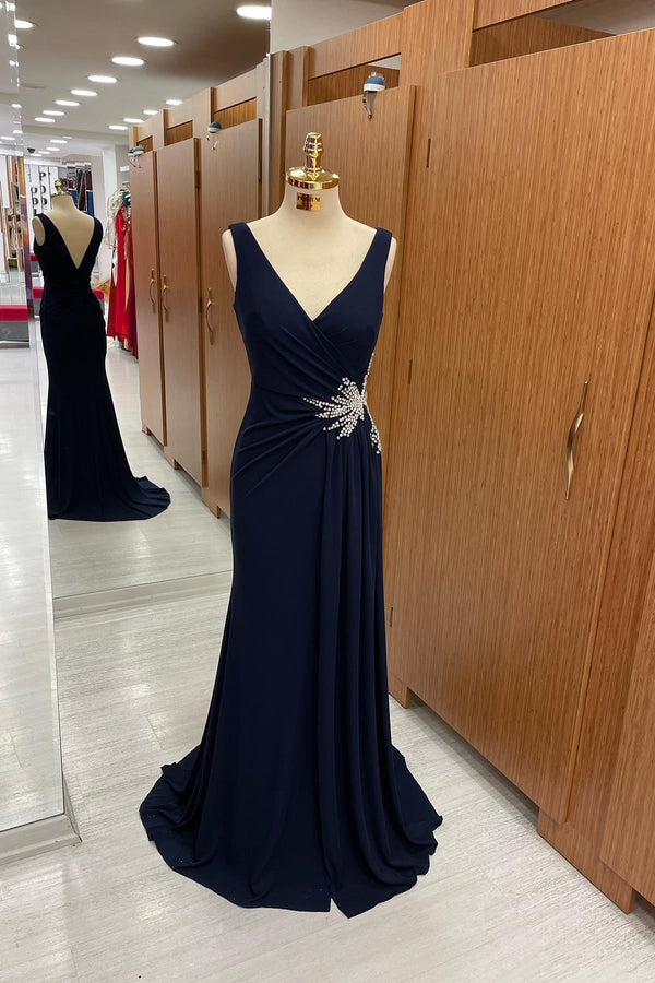 Dark Navy Straps V-Neck Pleated Prom Dress UK With Rhinestone - Amazing Look!-ballbellauk