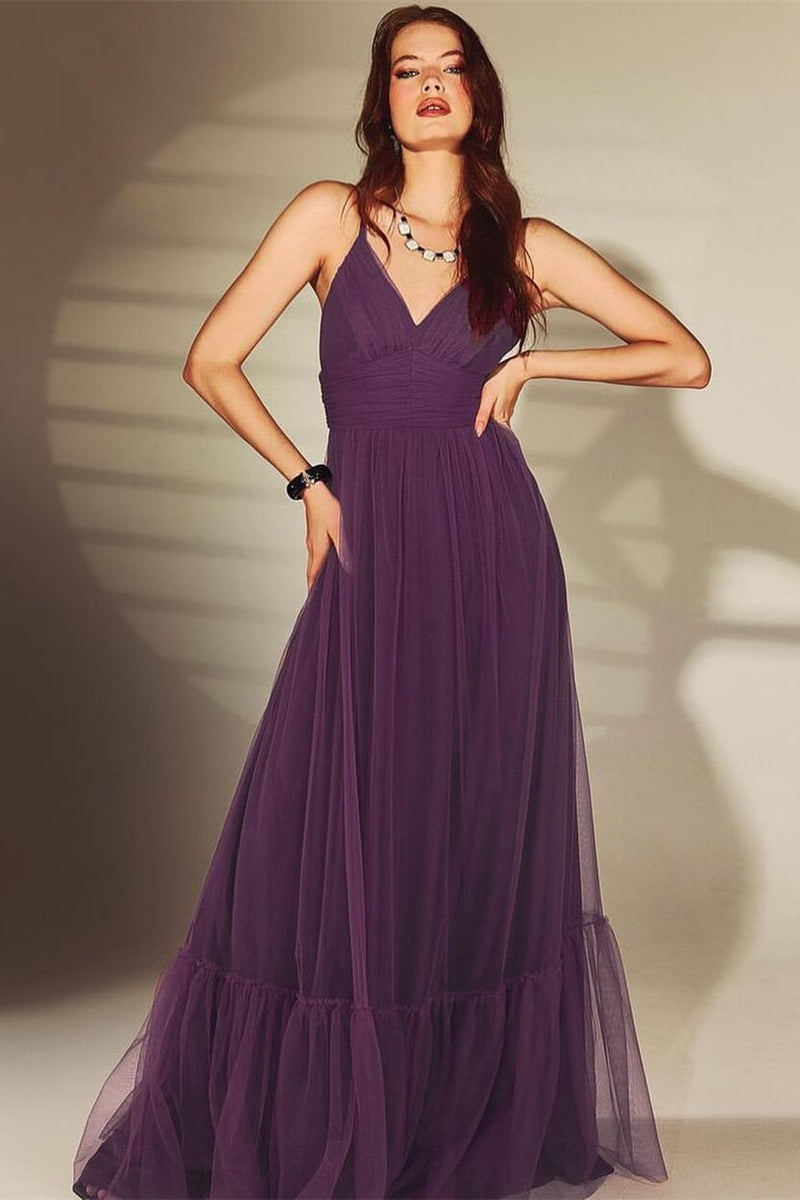 Dark Purple Shine V-Neck Spaghetti-Straps Evening Dress Online-ballbellauk