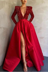 Deep V-Neck Long Sleeves Mermaid Prom Dress UK with Sequins Split-ballbellauk