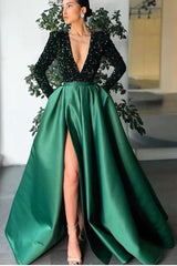 Deep V-Neck Long Sleeves Mermaid Prom Dress UK with Sequins Split-ballbellauk