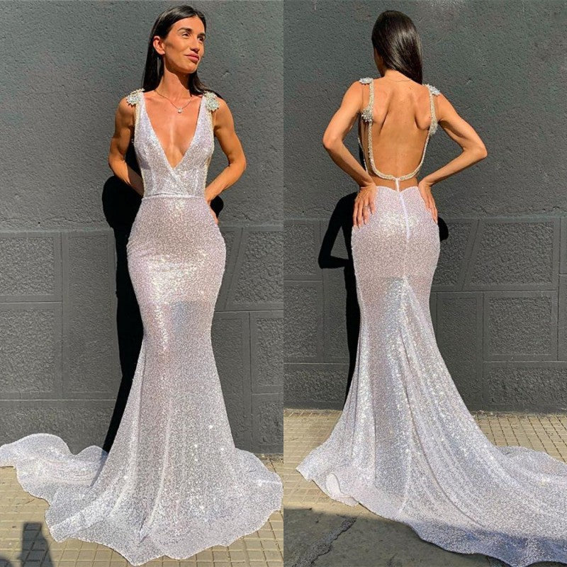 Deep V-Neck Mermaid Prom Dress UK with Open Back and Sequins-ballbellauk