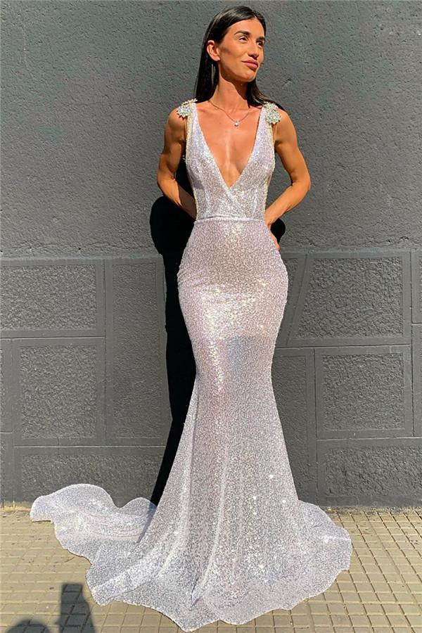 Deep V-Neck Mermaid Prom Dress UK with Open Back and Sequins-ballbellauk