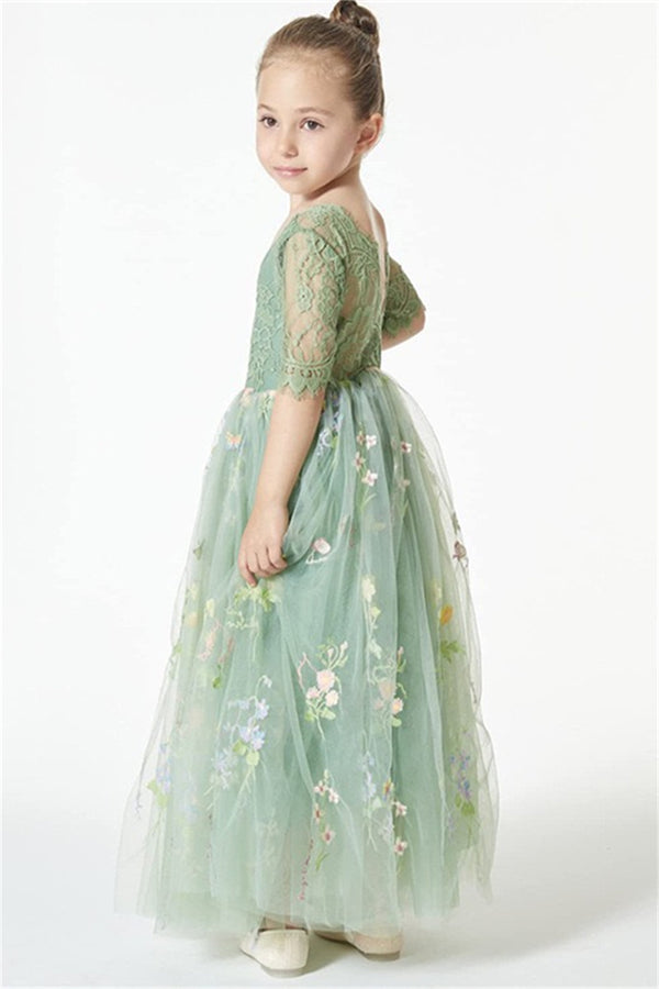 Chic Green Cap Sleeves Long Flower Girl Dresses With Appliques