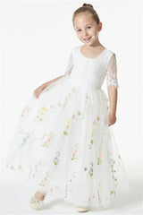 Chic Green Cap Sleeves Long Flower Girl Dresses With Appliques