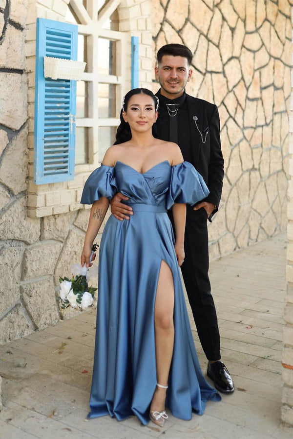 Dusty Blue Off-The-Shoulder Evening Dress With Puff Sleeves and Front Split Sweetheart-ballbellauk