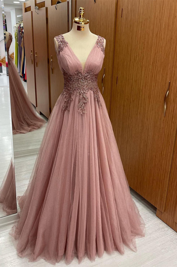 Dusty Pink Sleeveless Long Prom Dress UK With Tulle Appliques and V-Neck-ballbellauk