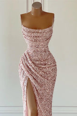 Dusty Pink Square Neck Sleeveless Prom Dress UK with Mermaid Slit and Sequins-ballbellauk